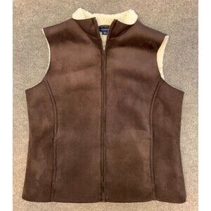 Lands End Vest Womens S/P (6-8) Sherpa Shearling Lined Vegan Faux Suede Zip-Up